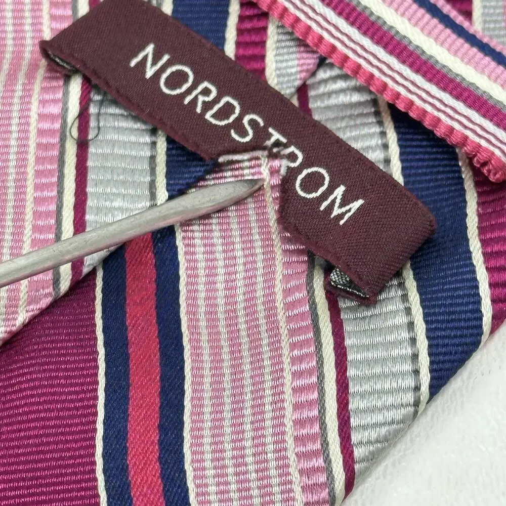 Nordstrom Tie Mens 58 in Silk Cranberry Red Gray Black Diagonal Striped Wide